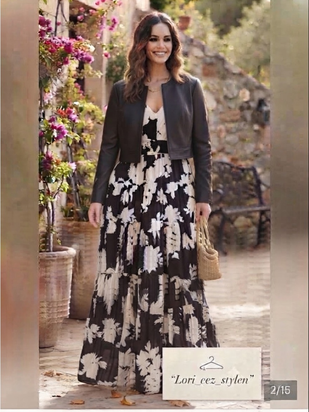 Rachel Zoe Black & White Floral V-Neck Tiered Maxi Dress